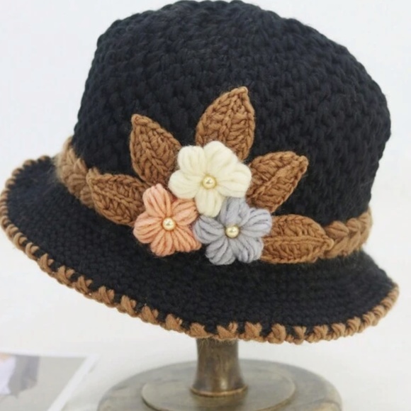 Handmade Floral Crochet Knit Beanie Hat - Picture 5 of 8